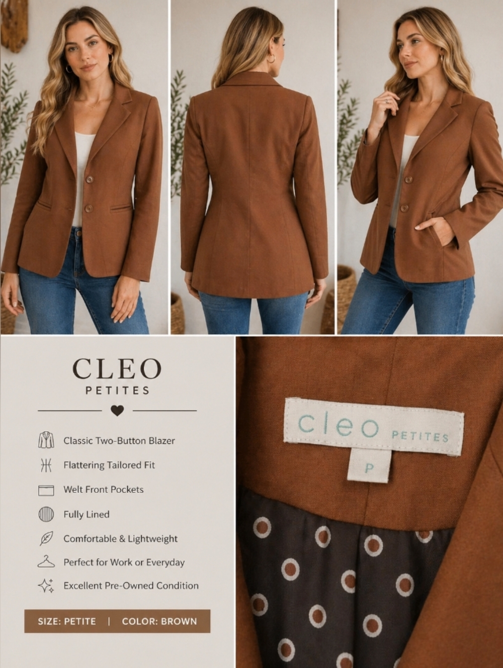 cleo Brown Classic Two-Button Petite Blazer